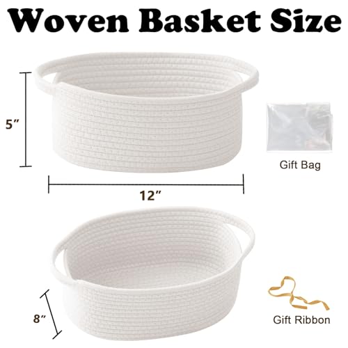Small Woven Rope Basket-Empty Gifts Basket with Bag and Ribbons,Cute Handle Organizer Box for Birthday/Baby Shower, Toy Storage, Nursery Organizing & Shelf Decor(White) - Image 4