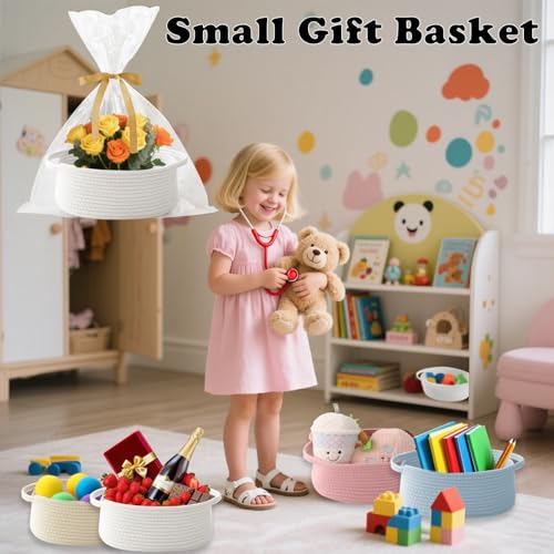 Small Woven Rope Basket-Empty Gifts Basket with Bag and Ribbons,Cute Handle Organizer Box for Birthday/Baby Shower, Toy Storage, Nursery Organizing & Shelf Decor(White) - Image 6