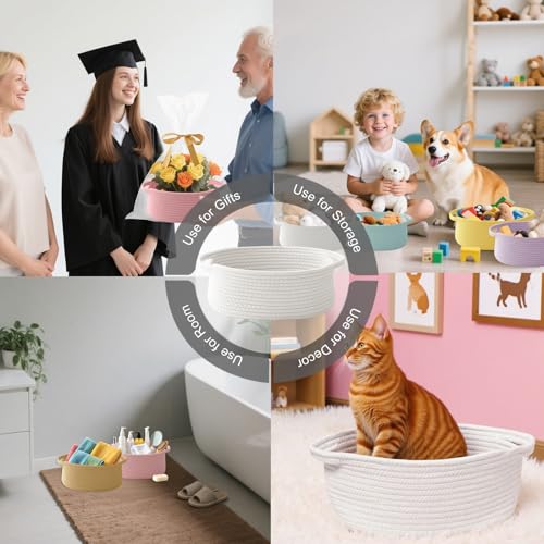 Small Woven Rope Basket-Empty Gifts Basket with Bag and Ribbons,Cute Handle Organizer Box for Birthday/Baby Shower, Toy Storage, Nursery Organizing & Shelf Decor(White) - Image 8