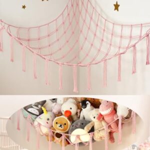 Stuffed Animal Storage Hammock Corner Net – Pink Room Christmas Decor for Teen Girls – Toys Storage Hanging Stuff Animal Organizer Holder Cute Stuff – Boho Nursery Dorm Bedoom Decor Aesthetic