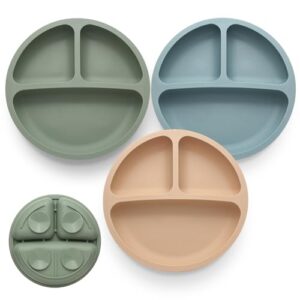 Toddler Plates 3 Pack, Divided Suction Plates for Baby, 100% Food Grade Silicone Baby Plates, Non-Slip, Baby Led Weaning Supplies, Microwave & Dishwasher Safe