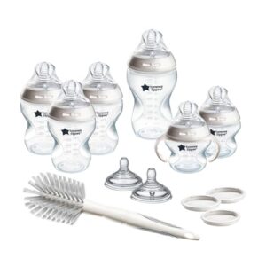 Tommee Tippee Natural Start 12 Piece BPA Free Bottle Set, Includes 2 x 5 oz, 3 x 9 oz, 1 x 11 oz Bottles, Newborn 0+ Months, Slow, Medium & Thicker Flow Breast-Like Nipples, Cleaning Brush, Clear