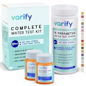 Varify 17in1 Complete Drinking Water Test Kit – 100 Strips + 2 Bacteria Tester Kits – Well, Tap, Home, City Water Testing Strip for Lead, Alkaline, Chlorine, Hardness, Iron, Fluoride, Copper & More