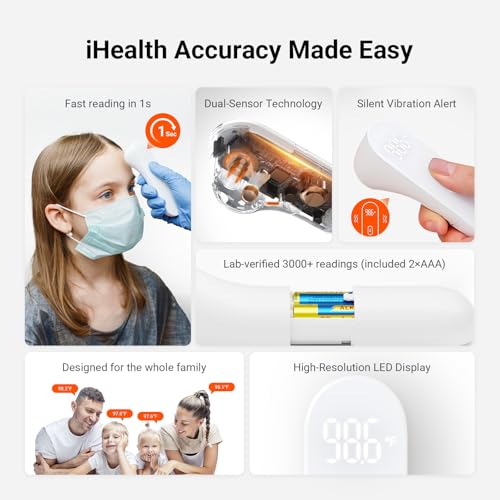 iHealth No-Touch Forehead Thermometer for Adults, Kids, Babies - 1s Fast Accurate, 3 Ultra-Sensitive Sensors, Quiet Vibration Feedback, Digital Large LED Digits, Easy to Use for Home & Nurses, PT3 - Image 7