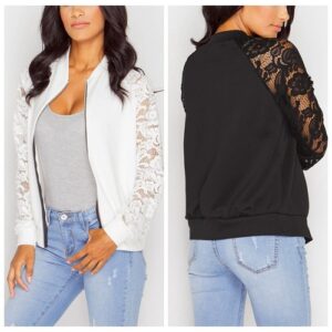 Women’s Short Bomber Jacket Long Lace Sleeve Zip Up Ladies Biker Coat Plus Size