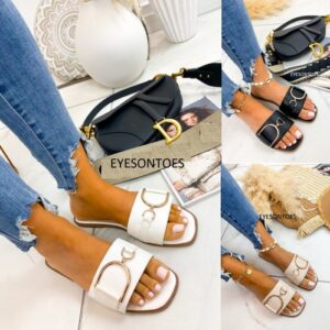 WOMENS BUCKLE LADIES SLIDES MULES SLIP ON SUMMER BEACH HOILDAY SANDALS SHOES SZ