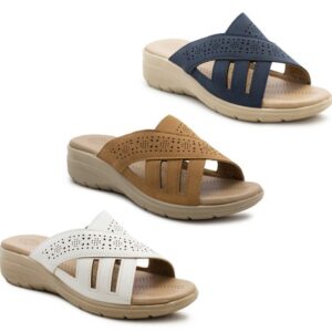 WOMENS BUCKLE LADIES SLIDES MULES SLIP ON SUMMER BEACH HOILDAY SANDALS SHOES SZ