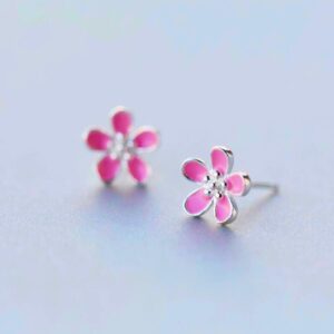 Pink Cherry Flower Earrings Stud 925 Sterling Silver Women Girls Jewellery gift