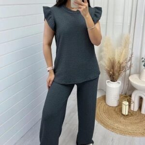 Women’s Ladies Pop Corn Fabric Frill Sleeve Top Shorts 2PCS Co Ord Set Loungwear