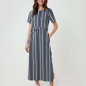 Women Floral Crew Neck Short Sleeve Midi Dress Ladies Loose Pocket Pleated Dress