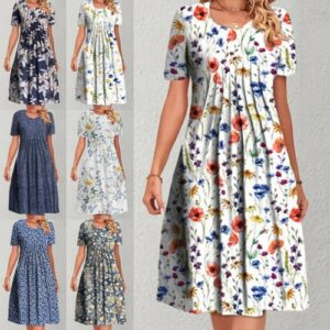 Women Floral Crew Neck Short Sleeve Midi Dress Ladies Loose Pocket Pleated Dress