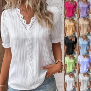 Womens V neck Summer Ladies T-Shirt Blouse Short Sleeve Tops Pullover Plus Size
