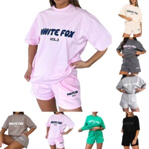 New ​Summer White Fox Tracksuit Set Womens 2PC T-Shirt Shorts Casual Top Pant UK