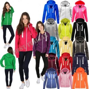 Ladies Womens Plain Zip Up Hoodie Sweatshirt Fleece Jacket Hooded Top UK 8 To 22