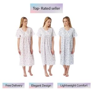 Ladies Poly Cotton Floral Sprig Short Sleeve Nightdress Nightie by Marlon MN 11