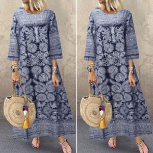 Womens Autumn Retro Floral Printed Casual Loose Dress Kaftan Baggy Maxi Dresses