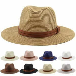 Foldable Men Women Wide Brim Panama Hats Straw Leather Band Fedora Sun Hat