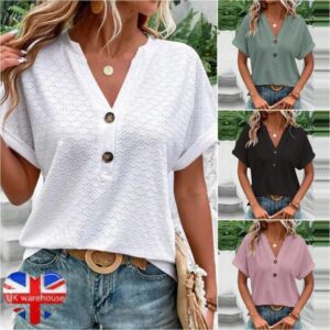 Womens V-Neck Tops Summer Short Sleeve Blouse Casual Loose Tee T Shirt Plus Size
