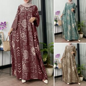 Women Printed Long Sleeve Casual Loose Shirt Dresses Muslim Kaftan Maxi Dress