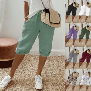 Women Bermuda Shorts Solid Color Knee Length Short Pants Ladies Loose Drawstring
