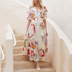 Women Summer Floral Dress V Neck Loose Dresses Seaside Holiday Maxi Dress UK