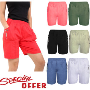 LADIES SHORTS HALF ELASTICATED WAIST WOMENS SUMMER CASUAL BEACH PANTS BOTTOMS