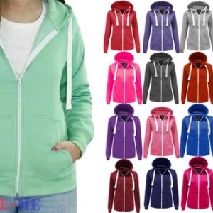 Womens Full Zip Hoodie Fleece Hooded Sweatshirt Casual Jacket Top Sizes 8-16