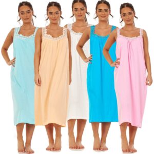 Ladies Plain Nightdress 100% Cotton V Neck lace strap Long Nightwear M to 3XL