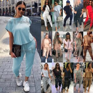 Womens Short Sleeve Boxy Lounge Wear Set Ladies Casual Comfy Two Piece Tracksuit