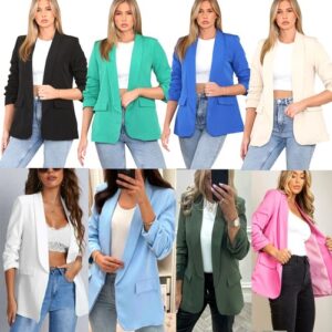 Women Ladies Ruched Sleeve Fully Lined Blazer Collared Casual Formal Jacket 8-14