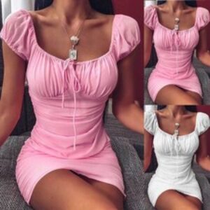 Women Sexy Ruched Bodycon Mini Dress Ladies Summer Party Holiday Clubwear