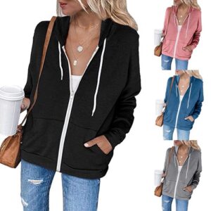 Women Hoodie Jacket Long Sleeve Zip-Up Print Silod Color Sweatshirt Top Coat