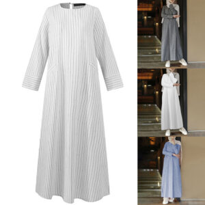 Women Muslim Full Length Cotton Striped Side Pocket Maxi Shirt Dress Long Sleeve