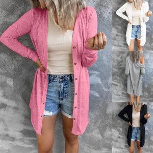 Womens Long Sleeve Cardigan Ladies Boyfriend Open Front Button Shirts Coat Tops