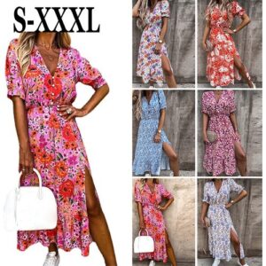 Summer V Neck Womens Loose Maxi Dress Seaside Floral Holiday Casual Dresses