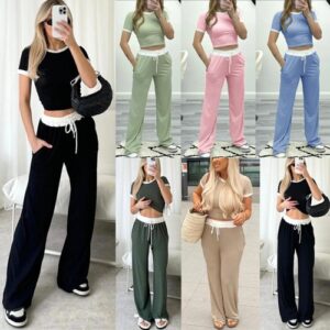 Ladies Women’s ribbed contrast cap sleeve crop top trouser two piece Co ord set