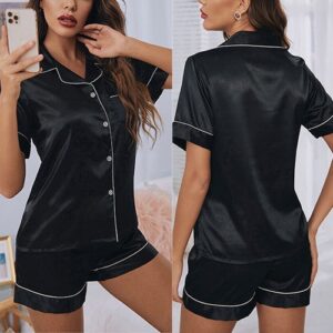 Women Satin Pyjamas Nightwear PJs Set Ladies Silk Short Sleeve Button Sleepwear&