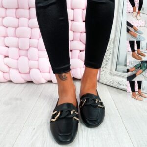 WOMENS LADIES PUMPS FLATS SLIP ON OFFICE WORK FRONT CHAIN BALLERINAS WOMEN SHOES