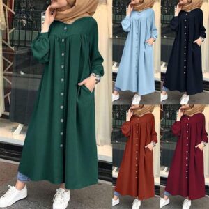 Muslim Abaya Kaftan Shirt Crew Neck Loose Maxi Tunic Women Dress Long Sleeve