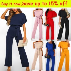 Womens Short Sleeve Jumpsuit Ladies Casual Solid Wide Leg Pant Rompe Playsuit