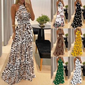 Women’s Boho Halter Sleeveless A-line Dress Summer Holiday Beach Maxi Dresses UK
