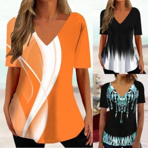 New Women’s V-Neck Printed Flower Pattern T-Shirt – Summer Casual Y2K Top