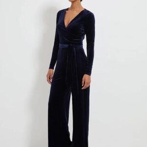 Ladies women elegant navy velvet wrap jumpsuit size UK 20 party occasion wear