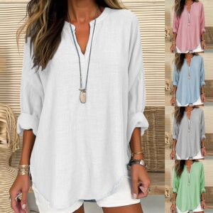 Plus Size Women V Neck Tunic Tops Ladies Solid Long Sleeve Casual T-Shirt Blouse