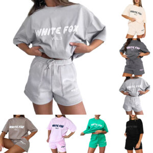 Women White Fox Print Tracksuit Loose Short Sleeve T-Shirt + Shorts  2pcs/Set