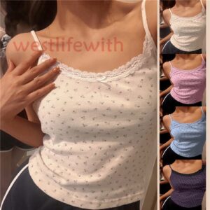 Floral Strappy Tank Tops Lace Brim Short Vest Y2K Camisole Vest Tops Lingerie