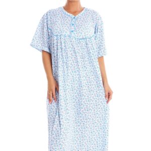 Women Cotton Long Nightdress Floral Button Short Sleeve Crew Neck Nightwear