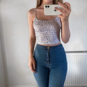 White And Purple Floral Print Crop Y2k Style Cottagecore Cami Top, Size Small