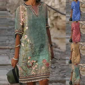 Womens Boho Floral 3/4 Sleeve Mid Dress Ladies Casual Baggy V Neck Kaftan Dress