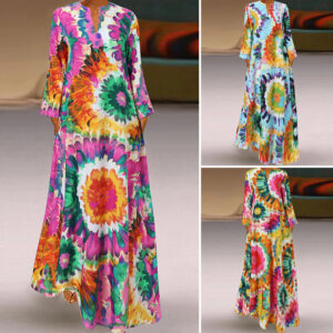 UK STOCK Women V Neck Floral Long Maxi Dress Casual Loose Shirt Dresses